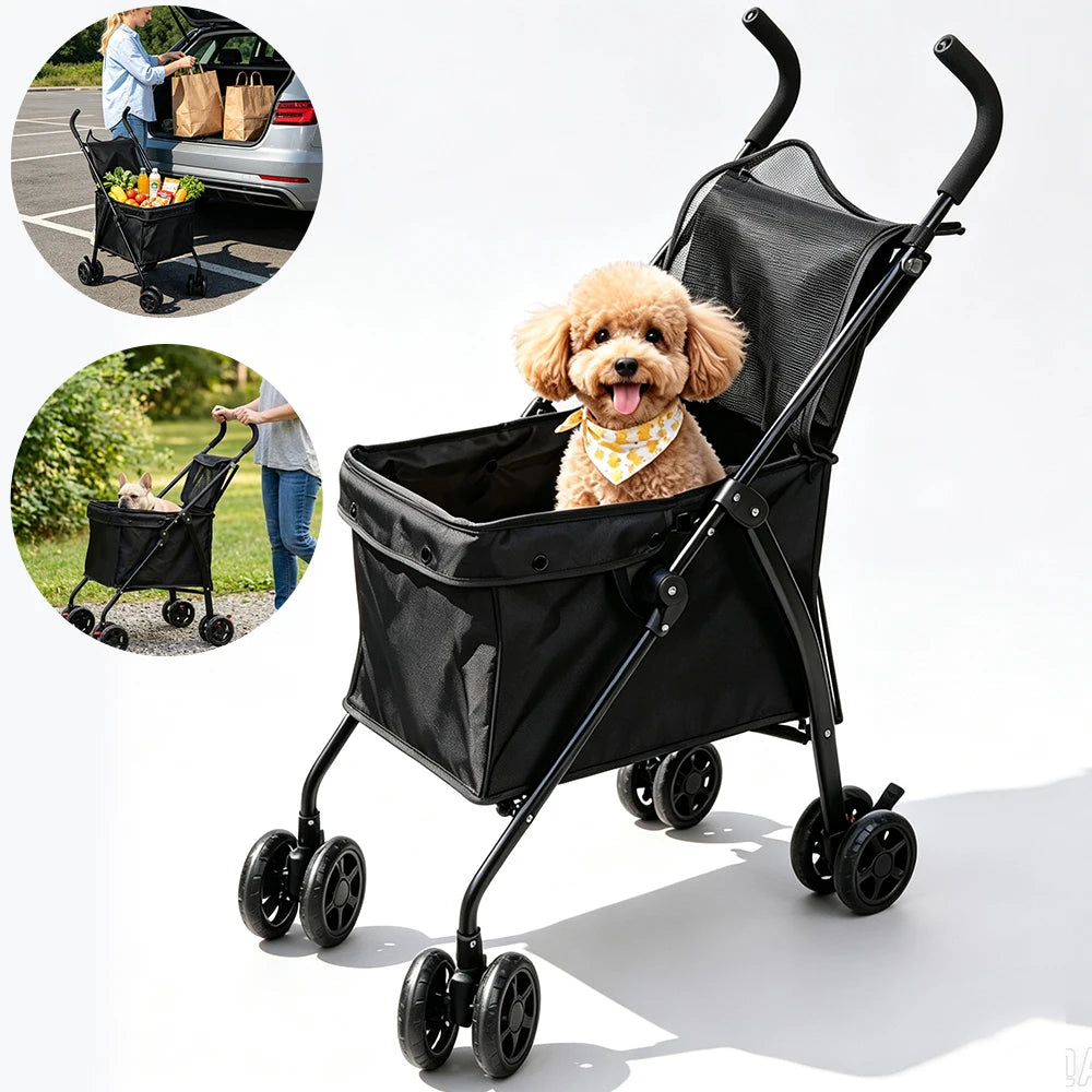 Carrinho de Pet Dobrável, Carrinho de Compras, Carrinho de Viagem para Cães com 4 Rodas e Cesta de Armazenamento para Filhotes e Gatos, Capacidade de Peso de 20kg