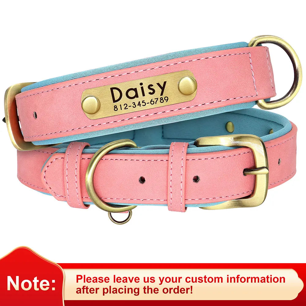 Coleira de couro pu personalizada com placa de identificação, coleira macia acolchoada para cães, nome gravado gratuito para cães pequenos, médios e grandes, ajustável