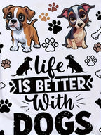 Camiseta feminina branca com gola redonda, citação para amantes de animais de estimação, a vida é melhor com cães, desenho animado, estampa de osso de pata de cachorro, manga curta