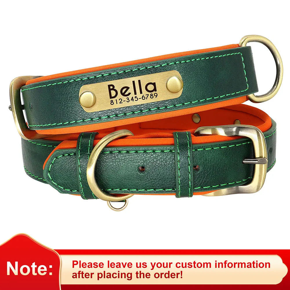 Coleira de couro pu personalizada com placa de identificação, coleira macia acolchoada para cães, nome gravado gratuito para cães pequenos, médios e grandes, ajustável