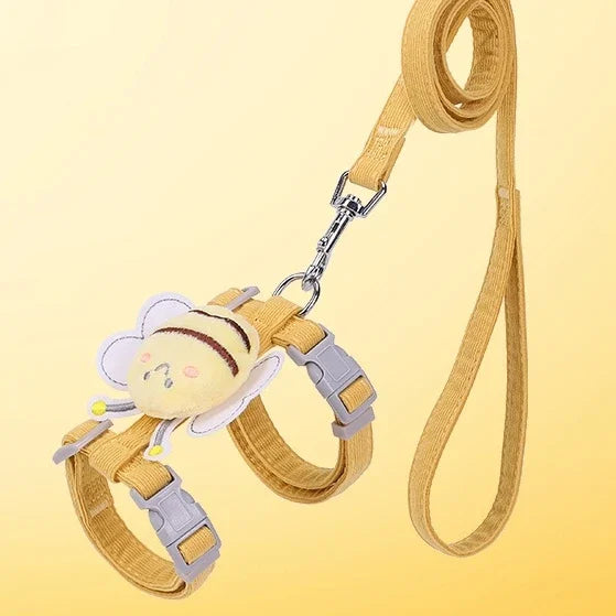 Conjunto de coleira de coleira para gato, ajustável, desenho animado, abelha, camada dupla, arnês para cães, pequeno, médio, coleira para animais de estimação, caminhada ao ar livre