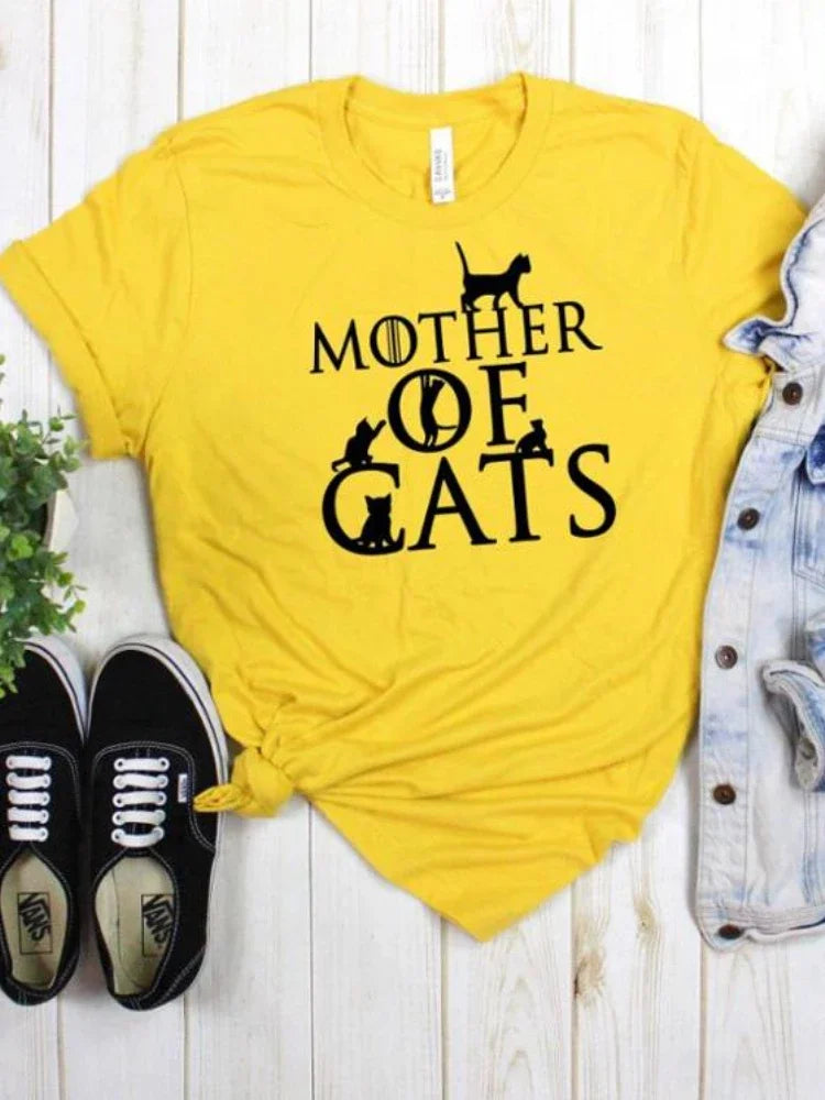 Mãe de gatos imprimir camiseta feminina manga curta o pescoço solto camiseta feminina senhoras moda camiseta topos roupas mujer