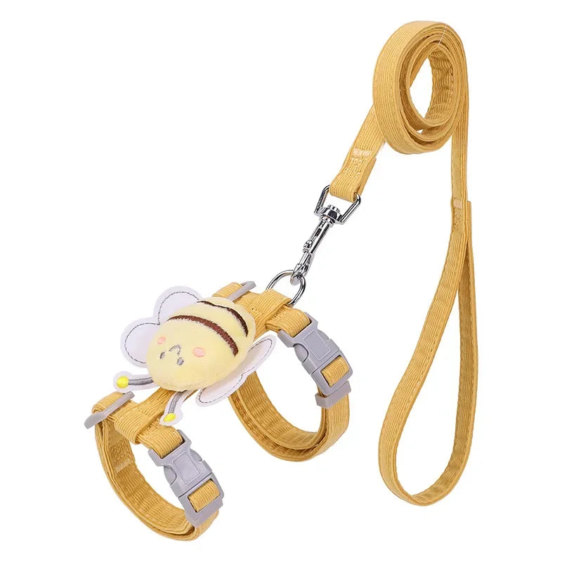 Conjunto de coleira de coleira para gato, ajustável, desenho animado, abelha, camada dupla, arnês para cães, pequeno, médio, coleira para animais de estimação, caminhada ao ar livre
