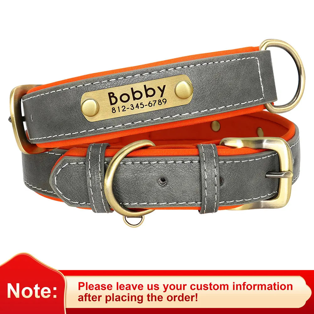Coleira de couro pu personalizada com placa de identificação, coleira macia acolchoada para cães, nome gravado gratuito para cães pequenos, médios e grandes, ajustável