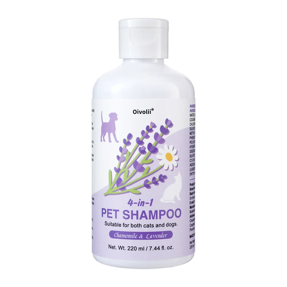 Shampoo e Condicionador 4 em 1 para Cães 220ml Lavanda e Camomila Fórmula Suave Acalma a Pele Desodoriza Limpa Sujeira Amacia