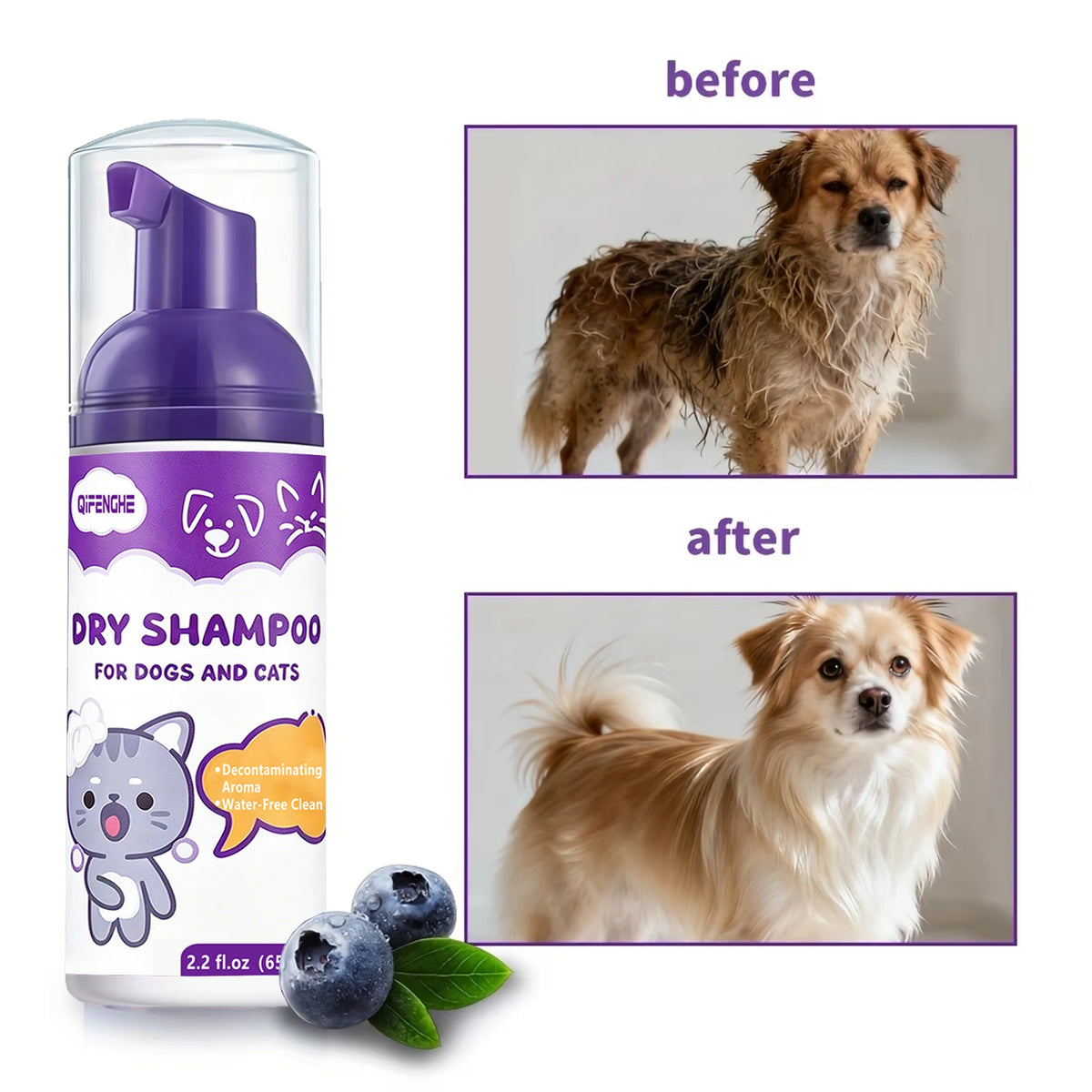 Shampoo Seco em Espuma para Cães e Gatos Sem Enxágue - Limpeza Sem Água para Filhotes, Desodorizante e Refrescante