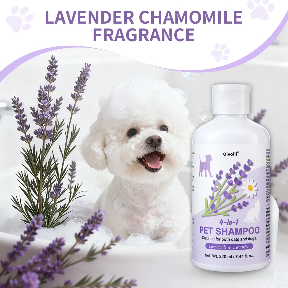 Shampoo e Condicionador 4 em 1 para Cães 220ml Lavanda e Camomila Fórmula Suave Acalma a Pele Desodoriza Limpa Sujeira Amacia