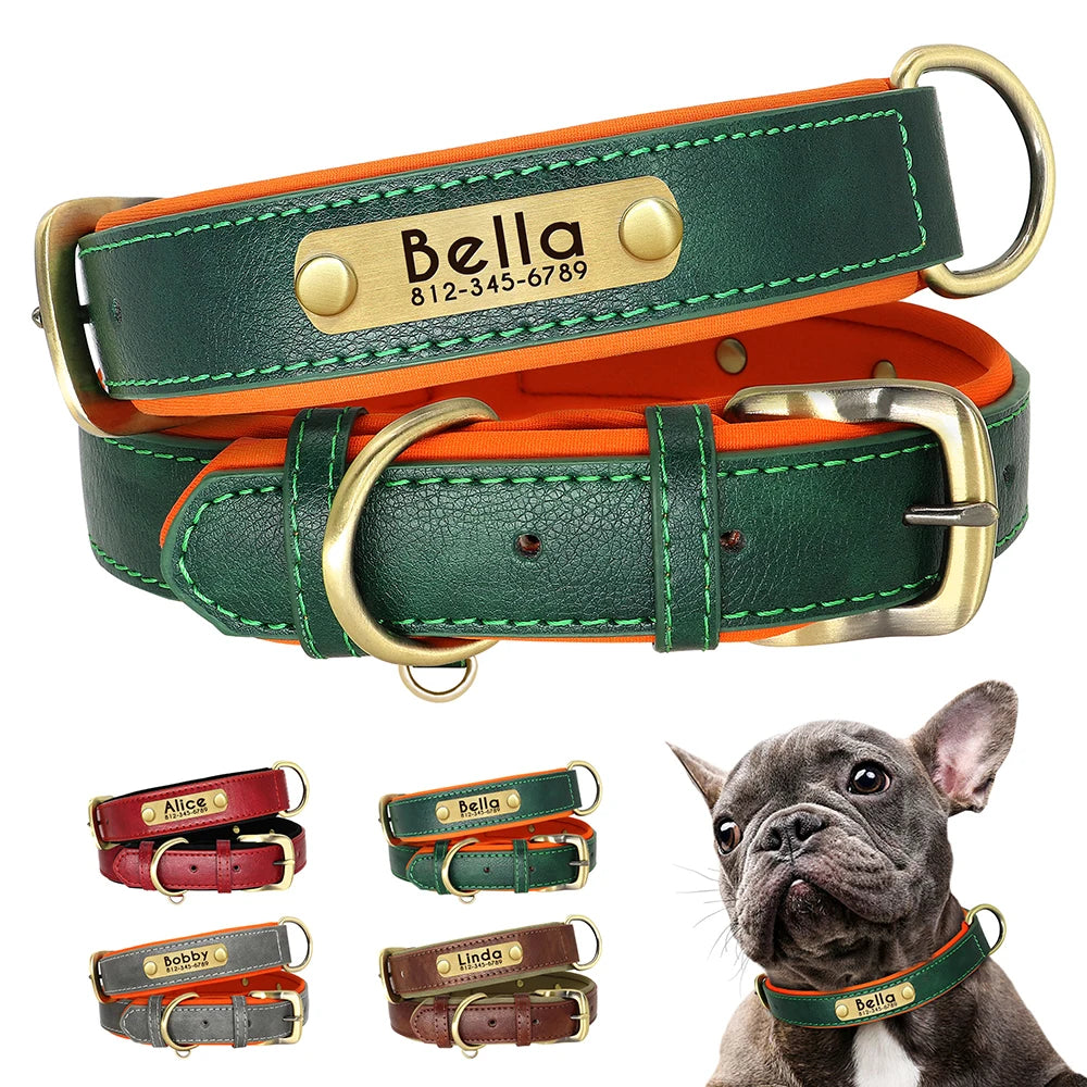 Coleira de couro pu personalizada com placa de identificação, coleira macia acolchoada para cães, nome gravado gratuito para cães pequenos, médios e grandes, ajustável