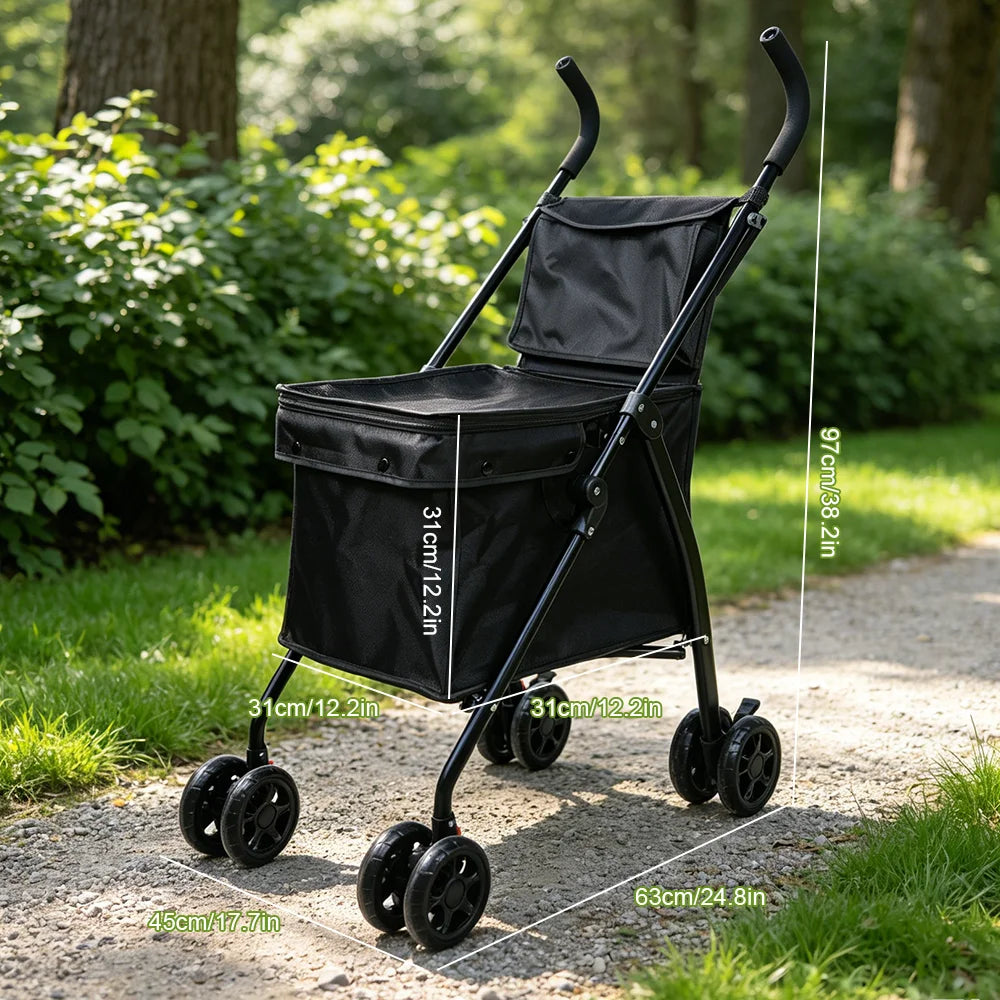 Carrinho de Pet Dobrável, Carrinho de Compras, Carrinho de Viagem para Cães com 4 Rodas e Cesta de Armazenamento para Filhotes e Gatos, Capacidade de Peso de 20kg