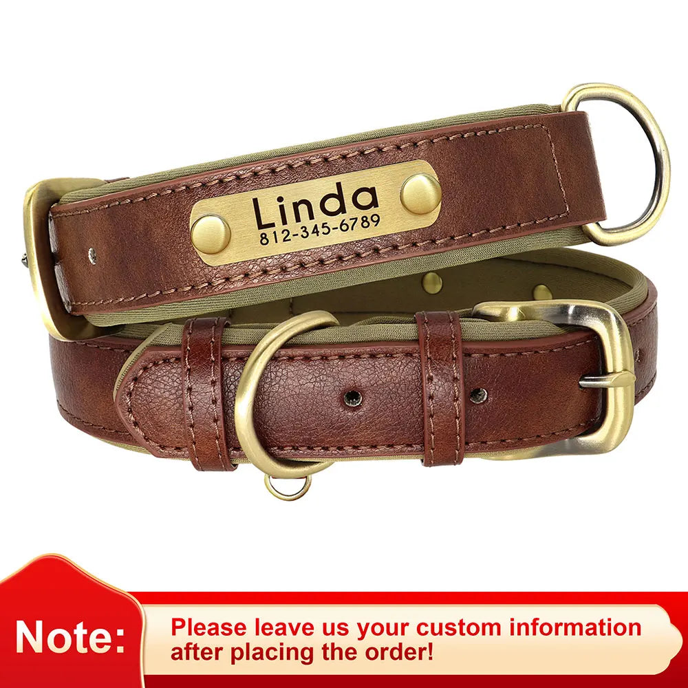 Coleira de couro pu personalizada com placa de identificação, coleira macia acolchoada para cães, nome gravado gratuito para cães pequenos, médios e grandes, ajustável