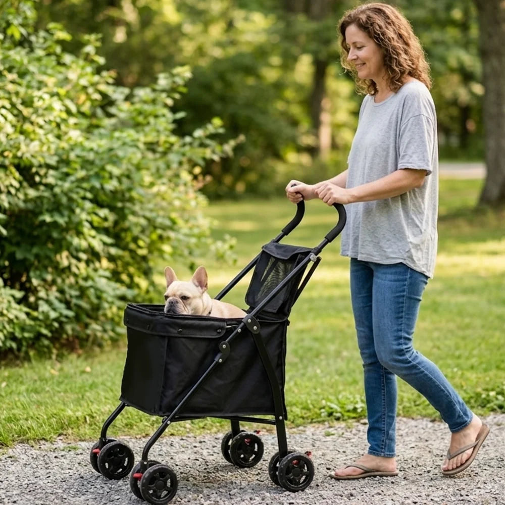 Carrinho de Pet Dobrável, Carrinho de Compras, Carrinho de Viagem para Cães com 4 Rodas e Cesta de Armazenamento para Filhotes e Gatos, Capacidade de Peso de 20kg