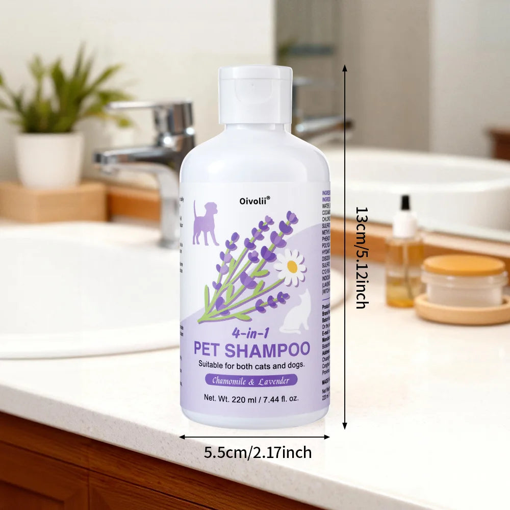 Shampoo e Condicionador 4 em 1 para Cães 220ml Lavanda e Camomila Fórmula Suave Acalma a Pele Desodoriza Limpa Sujeira Amacia