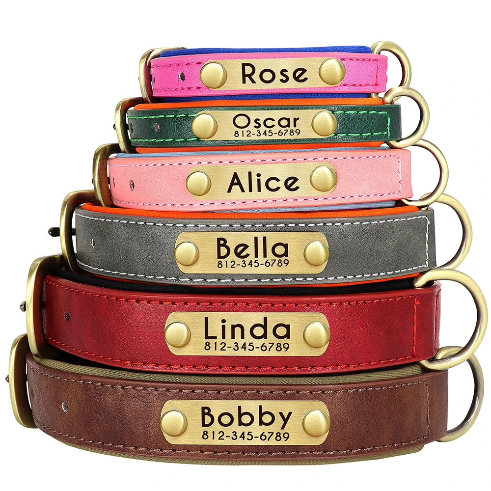 Coleira de couro pu personalizada com placa de identificação, coleira macia acolchoada para cães, nome gravado gratuito para cães pequenos, médios e grandes, ajustável