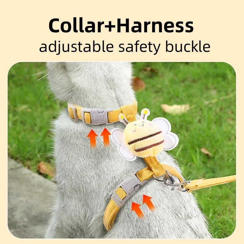 Conjunto de coleira de coleira para gato, ajustável, desenho animado, abelha, camada dupla, arnês para cães, pequeno, médio, coleira para animais de estimação, caminhada ao ar livre