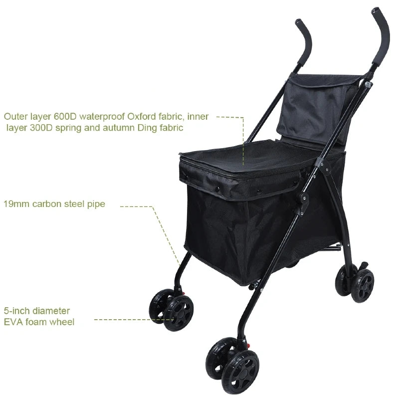 Carrinho de Pet Dobrável, Carrinho de Compras, Carrinho de Viagem para Cães com 4 Rodas e Cesta de Armazenamento para Filhotes e Gatos, Capacidade de Peso de 20kg