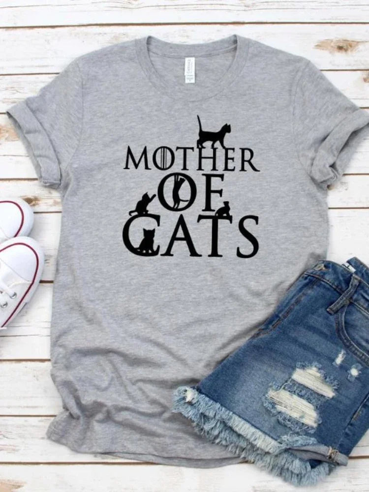 Mãe de gatos imprimir camiseta feminina manga curta o pescoço solto camiseta feminina senhoras moda camiseta topos roupas mujer