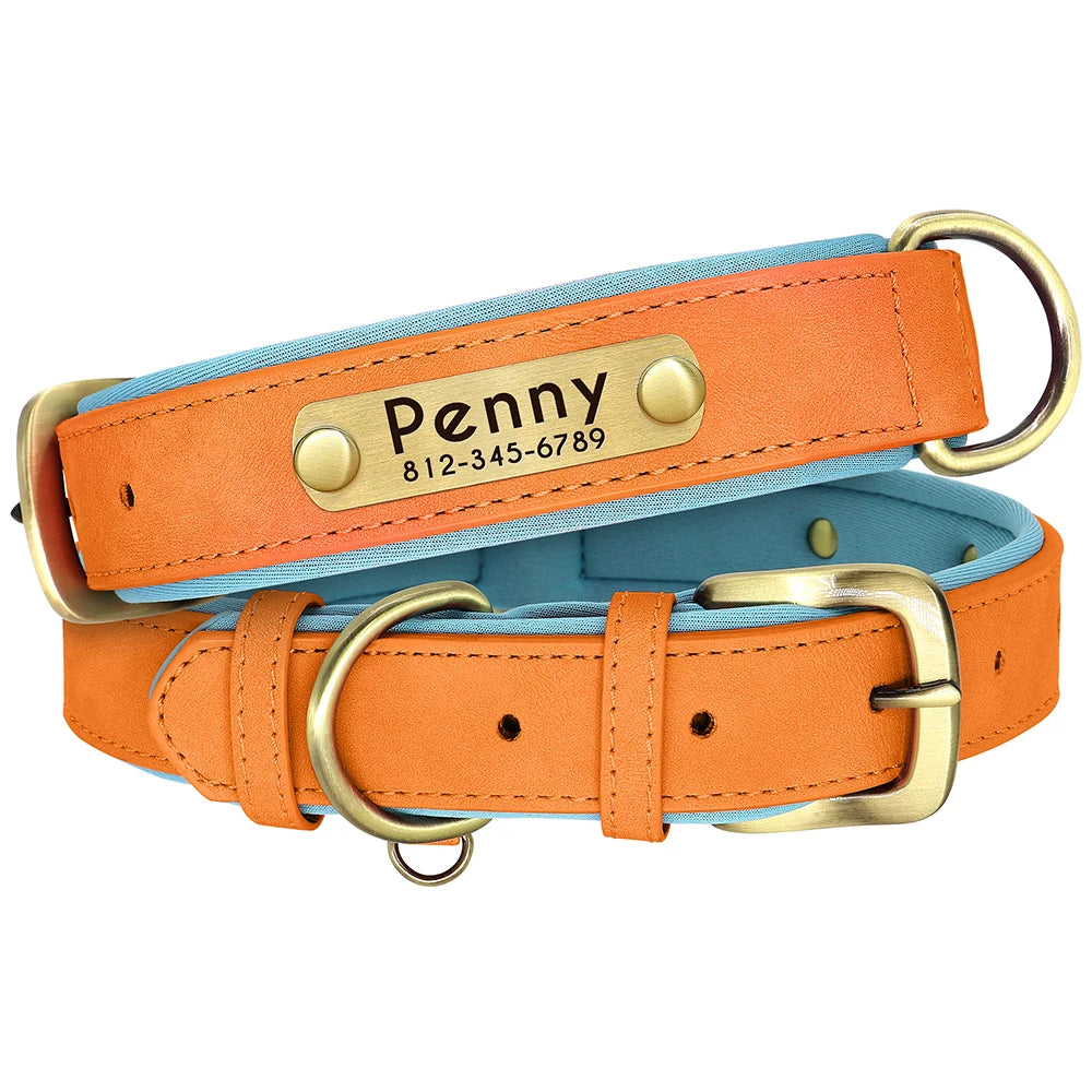 Coleira de couro pu personalizada com placa de identificação, coleira macia acolchoada para cães, nome gravado gratuito para cães pequenos, médios e grandes, ajustável