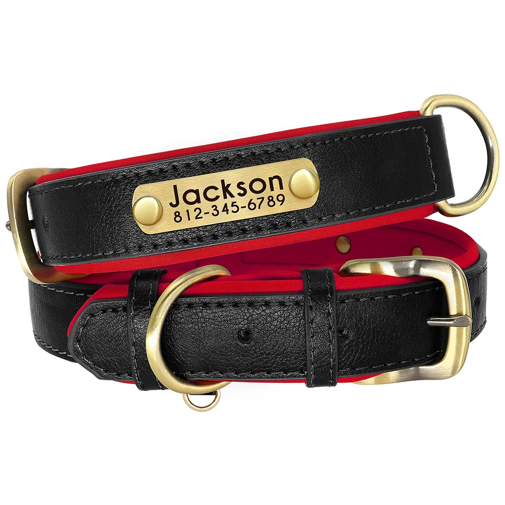Coleira de couro pu personalizada com placa de identificação, coleira macia acolchoada para cães, nome gravado gratuito para cães pequenos, médios e grandes, ajustável
