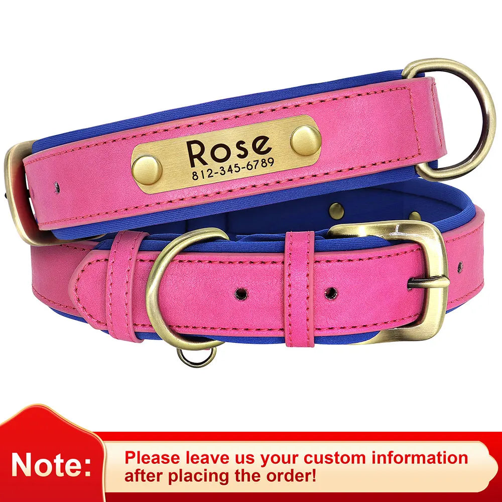 Coleira de couro pu personalizada com placa de identificação, coleira macia acolchoada para cães, nome gravado gratuito para cães pequenos, médios e grandes, ajustável