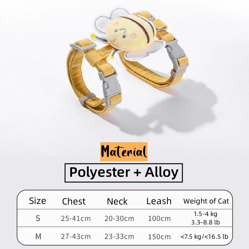 Conjunto de coleira de coleira para gato, ajustável, desenho animado, abelha, camada dupla, arnês para cães, pequeno, médio, coleira para animais de estimação, caminhada ao ar livre