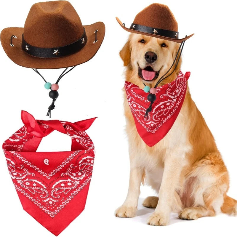 1 conjunto de chapéu de cowboy tamanho animal de estimação para cães e cachecol bandana acessórios ocidentais para gatos cães festa festival uso diário