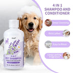 Shampoo e Condicionador 4 em 1 para Cães 220ml Lavanda e Camomila Fórmula Suave Acalma a Pele Desodoriza Limpa Sujeira Amacia