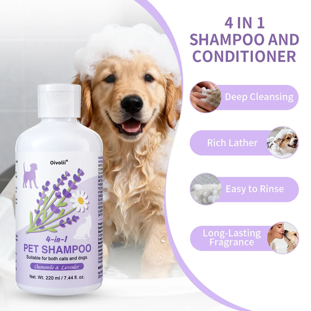 Shampoo e Condicionador 4 em 1 para Cães 220ml Lavanda e Camomila Fórmula Suave Acalma a Pele Desodoriza Limpa Sujeira Amacia