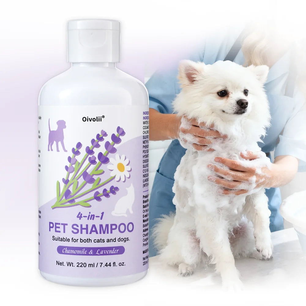 Shampoo e Condicionador 4 em 1 para Cães 220ml Lavanda e Camomila Fórmula Suave Acalma a Pele Desodoriza Limpa Sujeira Amacia