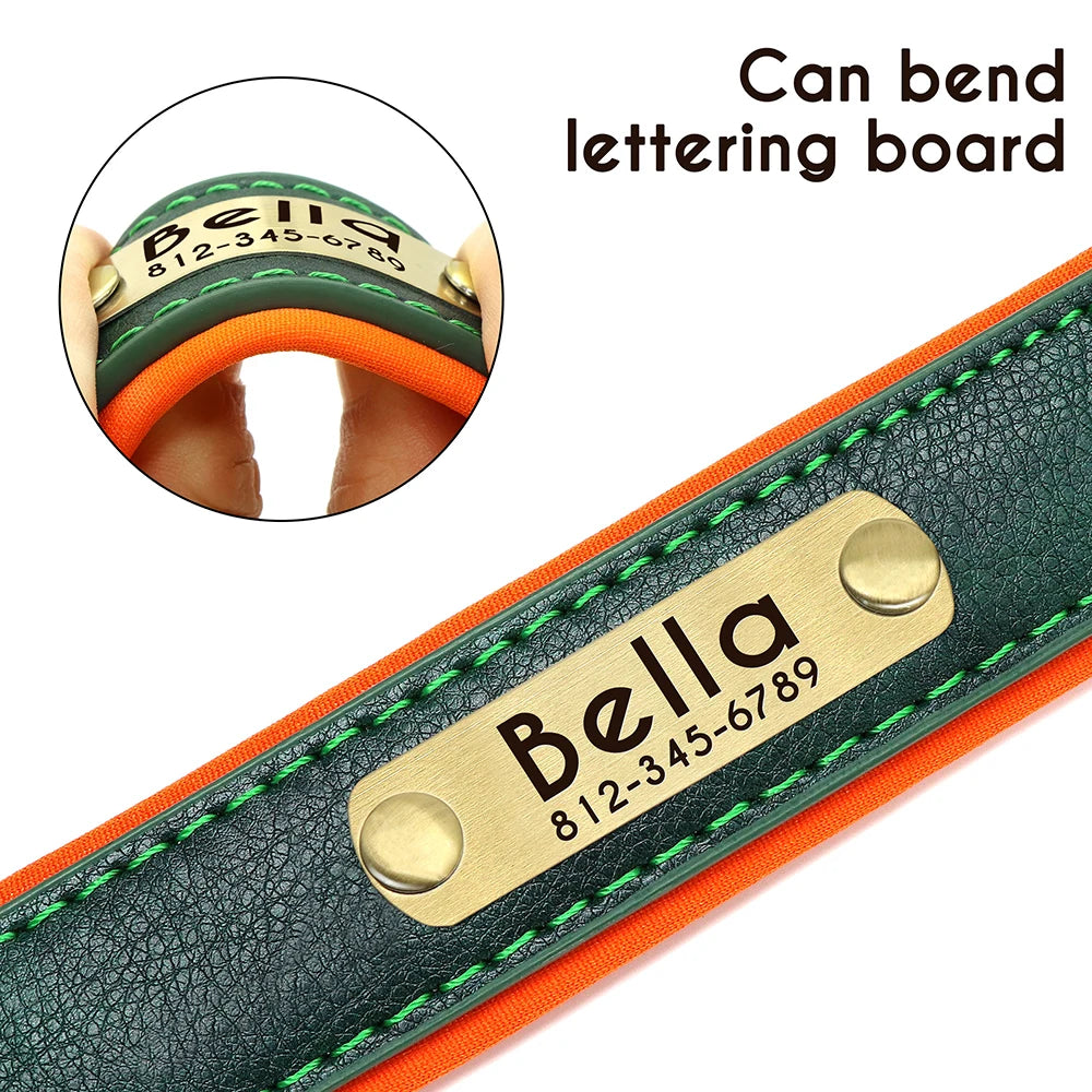 Coleira de couro pu personalizada com placa de identificação, coleira macia acolchoada para cães, nome gravado gratuito para cães pequenos, médios e grandes, ajustável