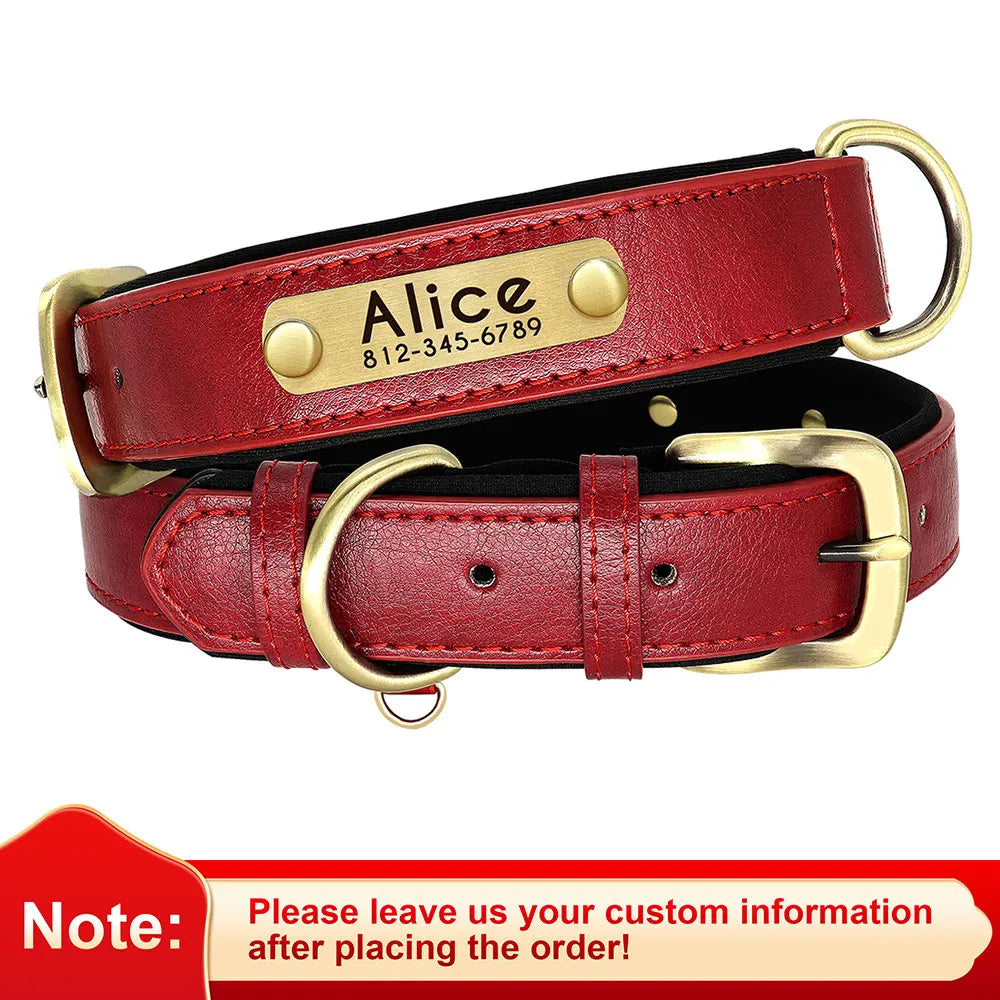 Coleira de couro pu personalizada com placa de identificação, coleira macia acolchoada para cães, nome gravado gratuito para cães pequenos, médios e grandes, ajustável