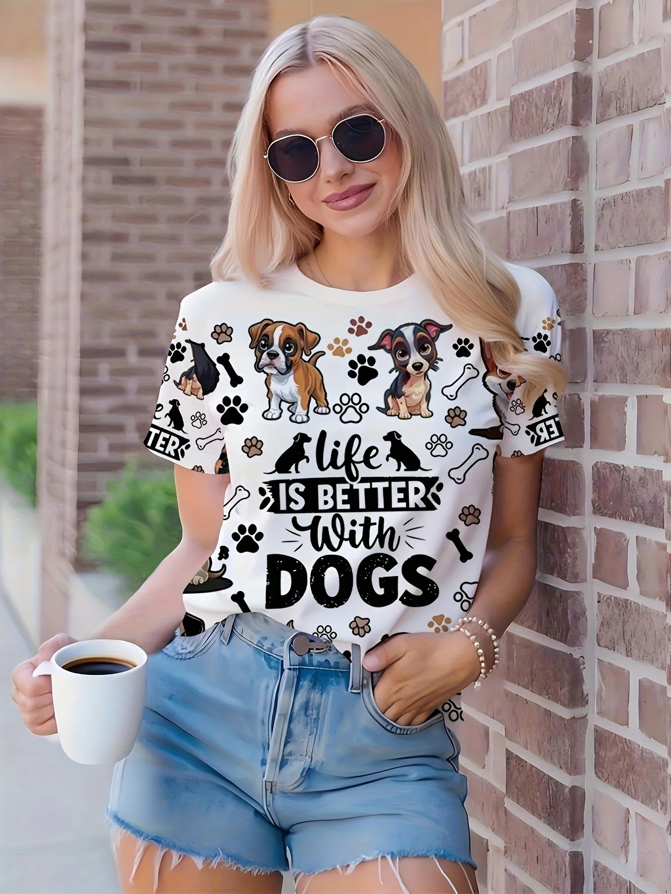 Camiseta feminina branca com gola redonda, citação para amantes de animais de estimação, a vida é melhor com cães, desenho animado, estampa de osso de pata de cachorro, manga curta